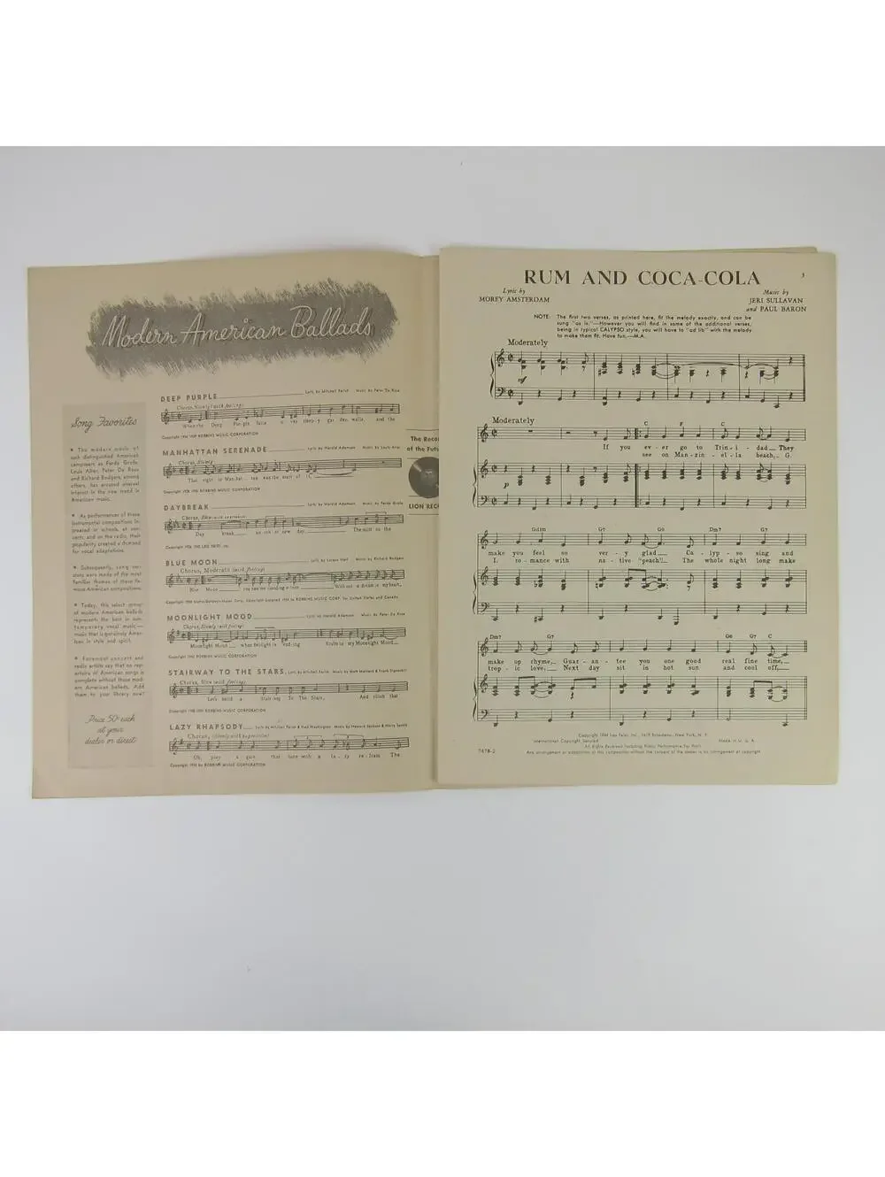 Sheet Music Rum and Coca-Cola Andrews Sisters Vintage 1944